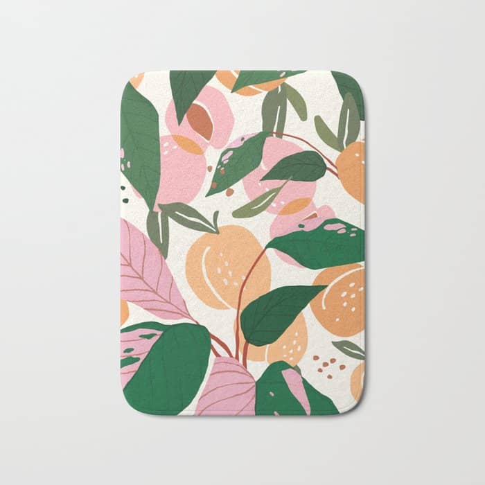 The Peach Garden , Vintage Botanical Tropical Jungle, Fruits Plants Pastel Summer Forest Bath Mat