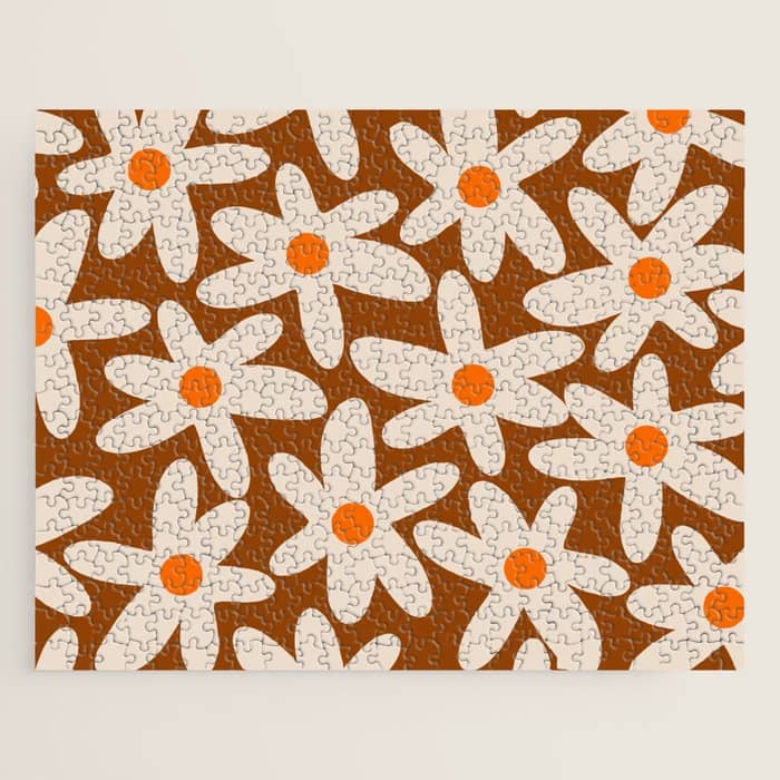 Daisy Time Retro Floral Pattern Brown Orange Beige Jigsaw Puzzle