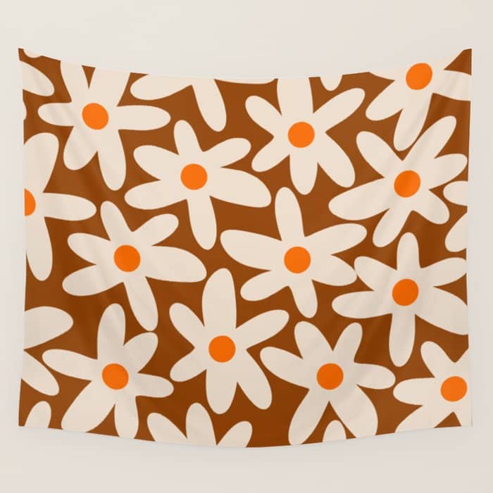 Daisy Time Retro Floral Pattern Brown Orange Beige Wall Tapestry