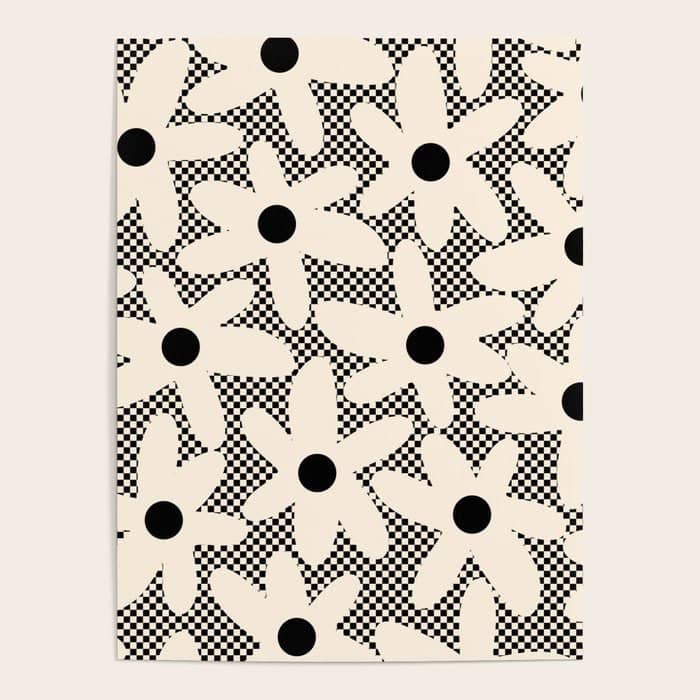Daisy Time Retro Floral Checks And Dots Pattern In Black And Almond Cream Poster