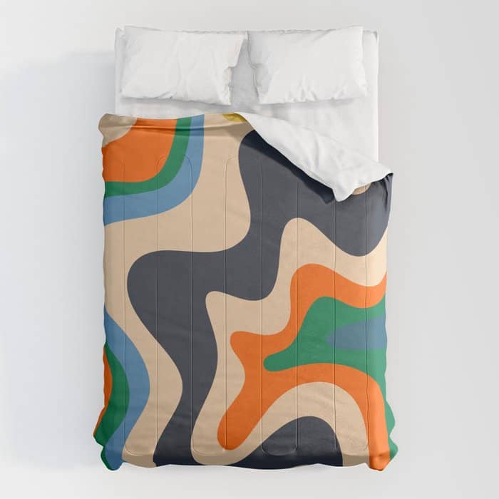 Retro Liquid Swirl Abstract Pattern Blue Beige Orange Mustard Green Comforter