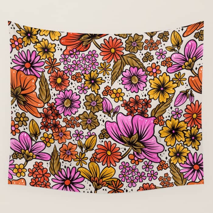 Retro Flower Power - Pink & Red Wall Tapestry