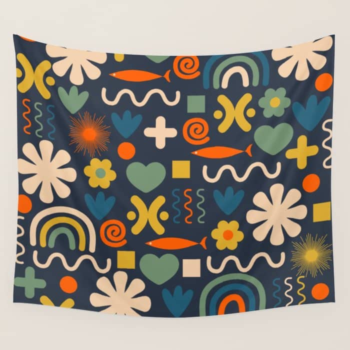 Cute Miscellany Rainbow Floral Pattern Blue Orange Green Mustard Wall Tapestry