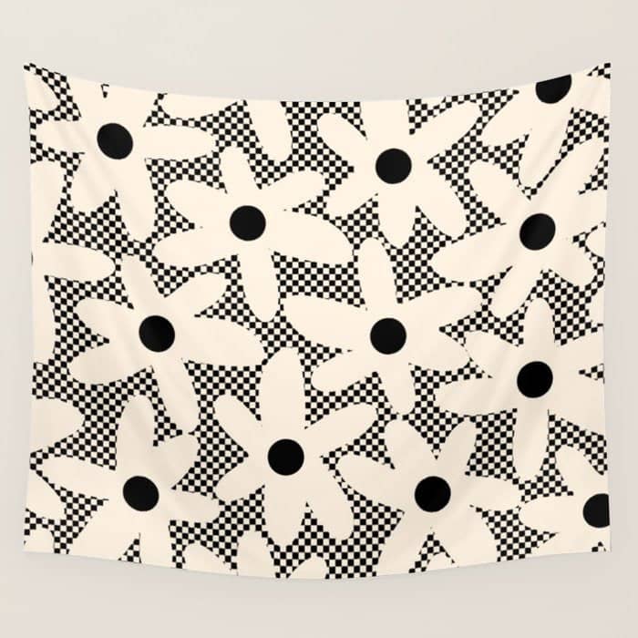 Daisy Time Retro Floral Checks And Dots Pattern In Black And Almond Cream Wall Tapestry