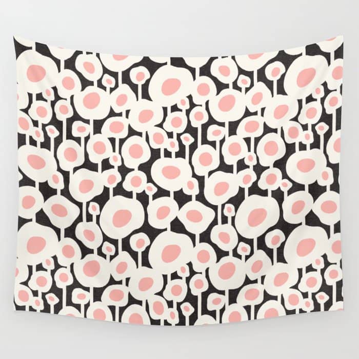 Poppy Dot - Retro Floral Black Pink Wall Tapestry