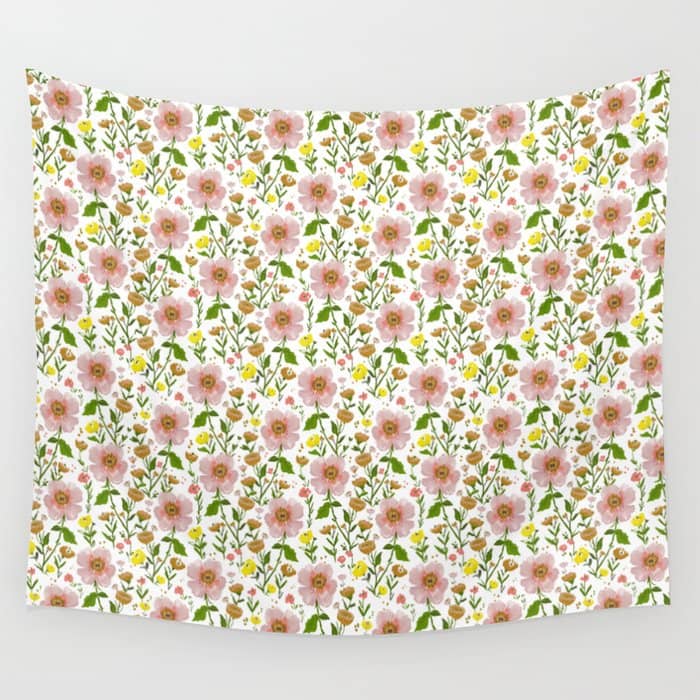 Summer Floral - Pink & Yellow Wall Tapestry