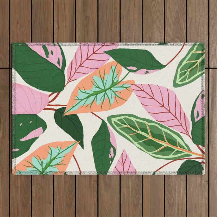 The Inseparable V.01, Nature Botanical Plants, Blush Leaves Modern Boho, Pastel Illustration Garden Outdoor Rug