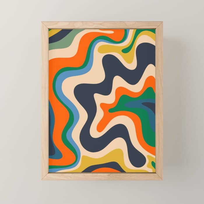 Retro Liquid Swirl Abstract Pattern Blue Beige Orange Mustard Green Mini Art Print