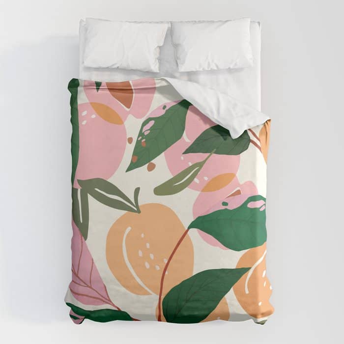 The Peach Garden , Vintage Botanical Tropical Jungle, Fruits Plants Pastel Summer Forest Duvet Cover