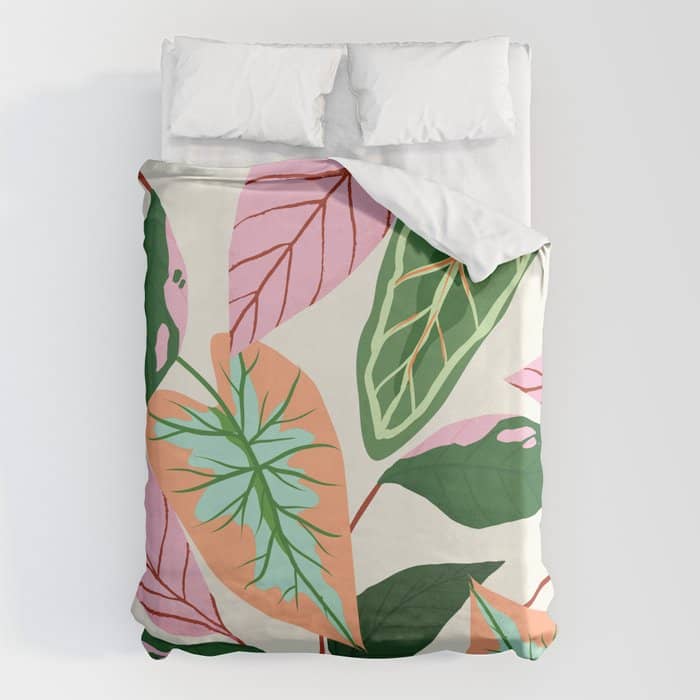 The Inseparable V.01, Nature Botanical Plants, Blush Leaves Modern Boho, Pastel Illustration Garden Duvet Cover