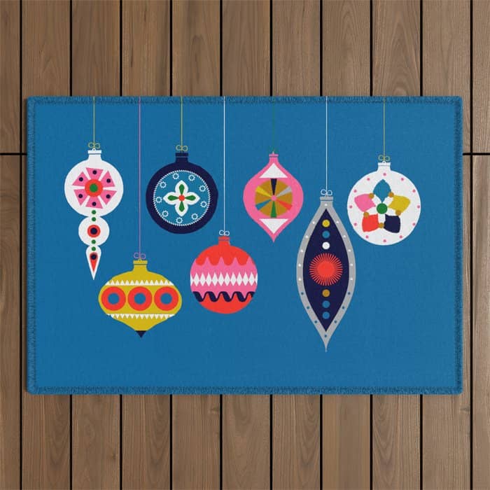 Retro Christmas Baubles On A Dark Background Outdoor Rug