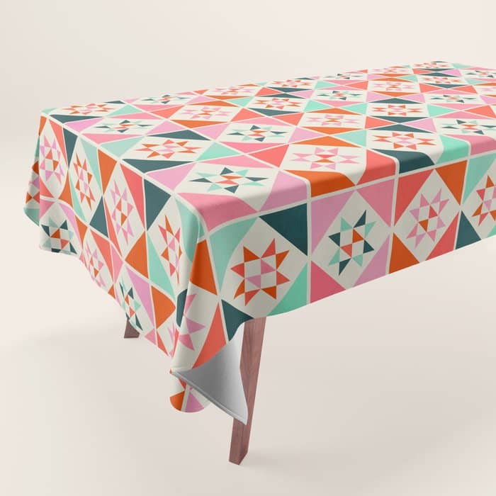 Festive Quilt Pattern In Pink, Red And Green Tablecloth