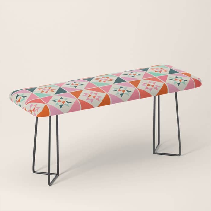 Festive Quilt Pattern In Pink, Red And Green Bench