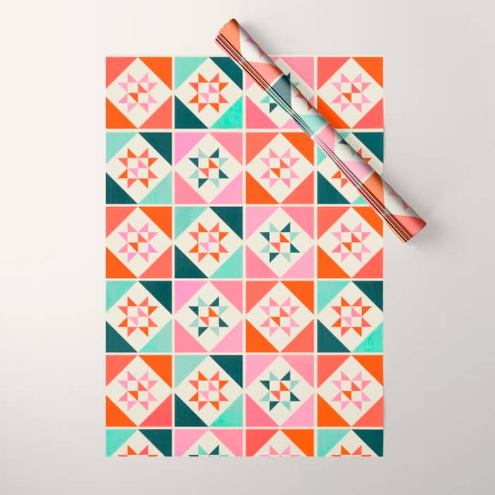Festive Quilt Pattern In Pink, Red And Green Wrapping Paper