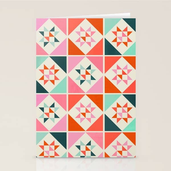 Festive Quilt Pattern In Pink, Red And Green Stationery Card