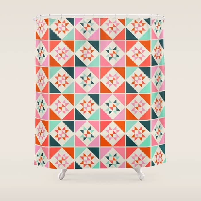 Festive Quilt Pattern In Pink, Red And Green Shower Curtain