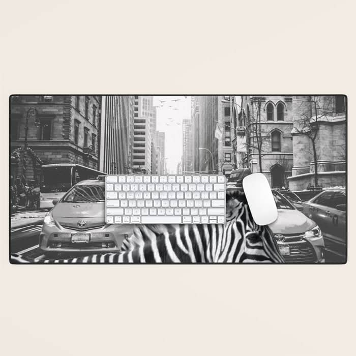 Zebra In The City - Black And White Photography Collage Desk Mat