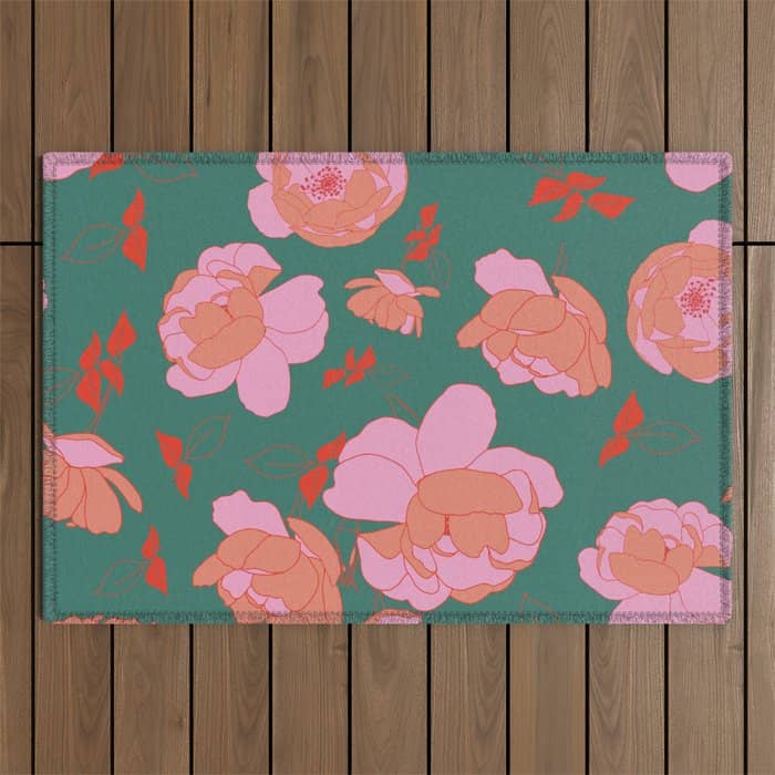 English Roses In Pink And Green Outdoor Rug