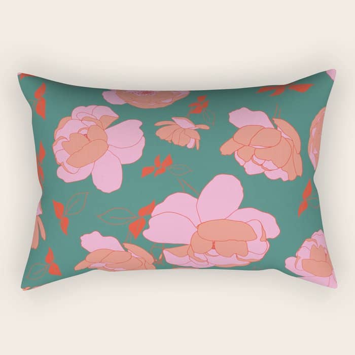English Roses In Pink And Green Rectangular Pillow