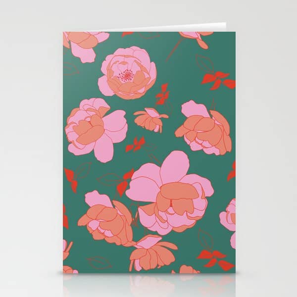 English Roses In Pink And Green Stationery Card