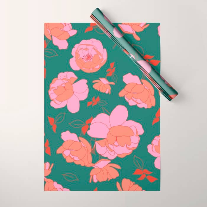 English Roses In Pink And Green Wrapping Paper