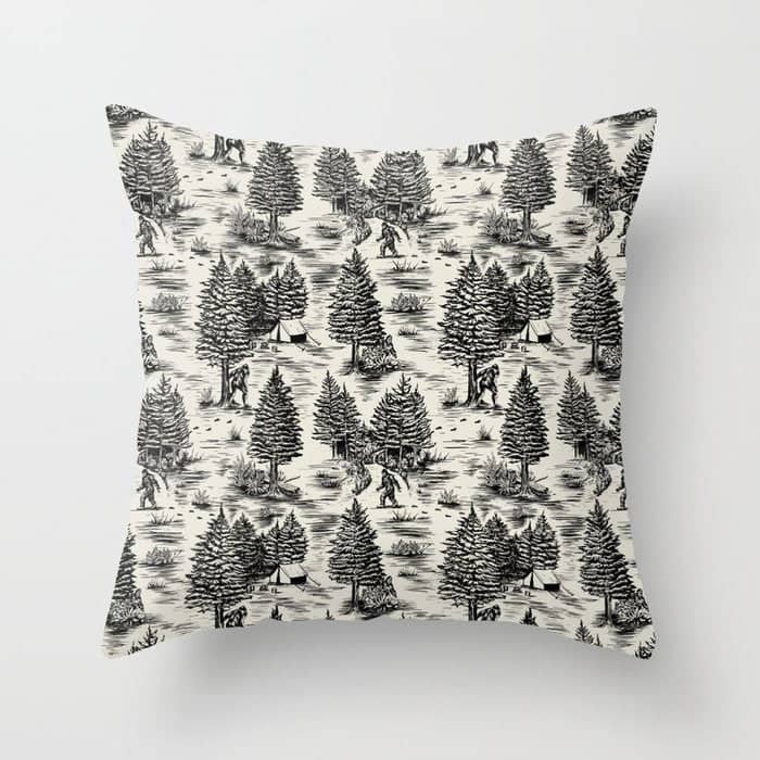 Bigfoot / Sasquatch Toile De Jouy In Black Throw Pillow