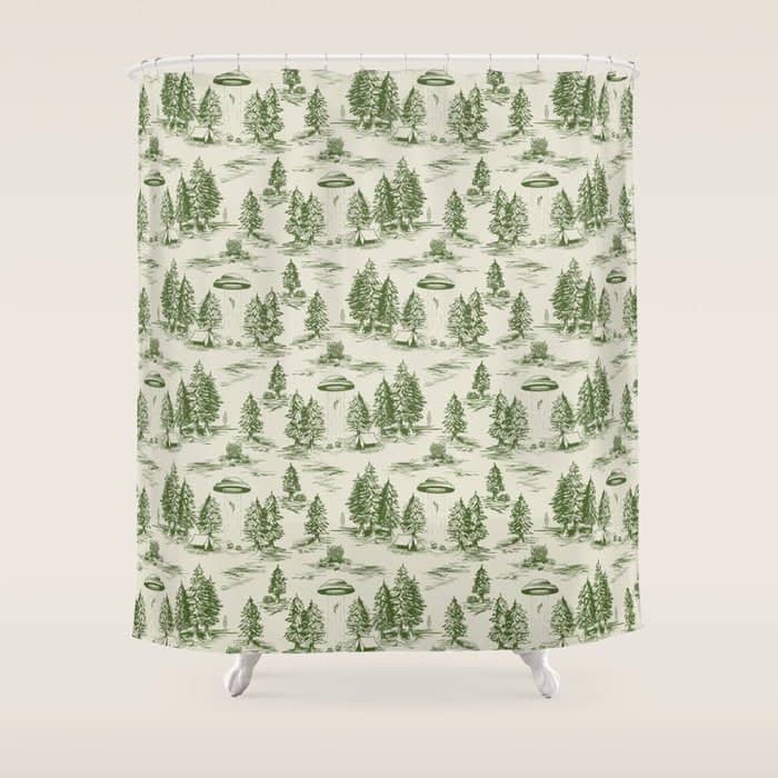 Green Alien Abduction Toile De Jouy Pattern Shower Curtain