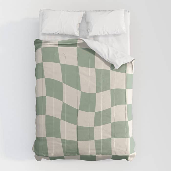 Sage Green Wavy Checkered Pattern Comforter