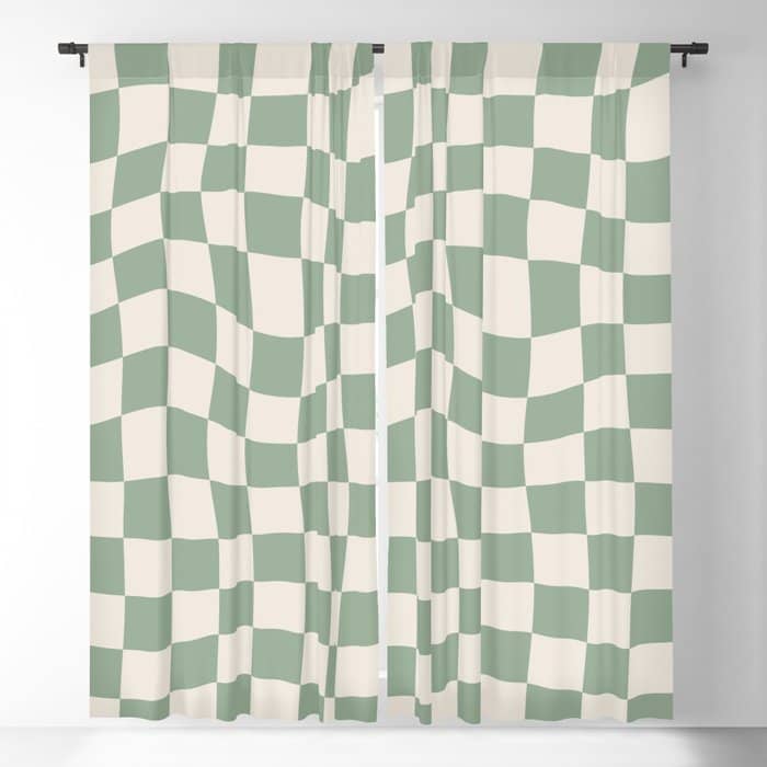 Sage Green Wavy Checkered Pattern Window Curtain