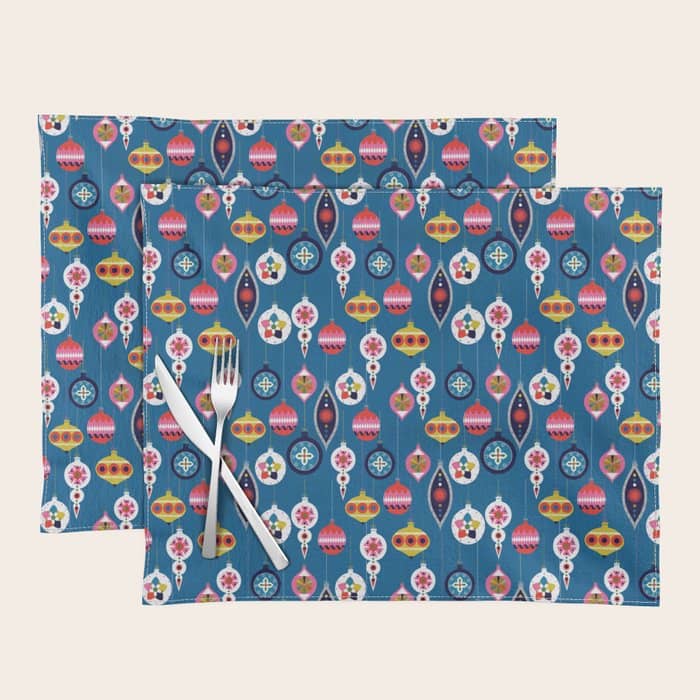Retro Christmas Baubles On A Dark Background Placemat