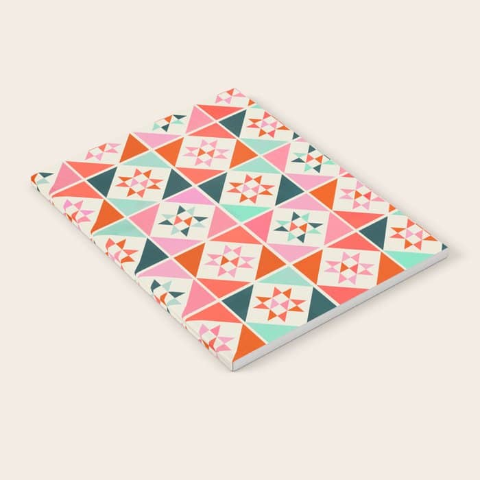Festive Quilt Pattern In Pink, Red And Green Notebook