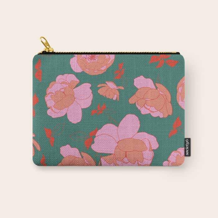 English Roses In Pink And Green Carry All Pouch