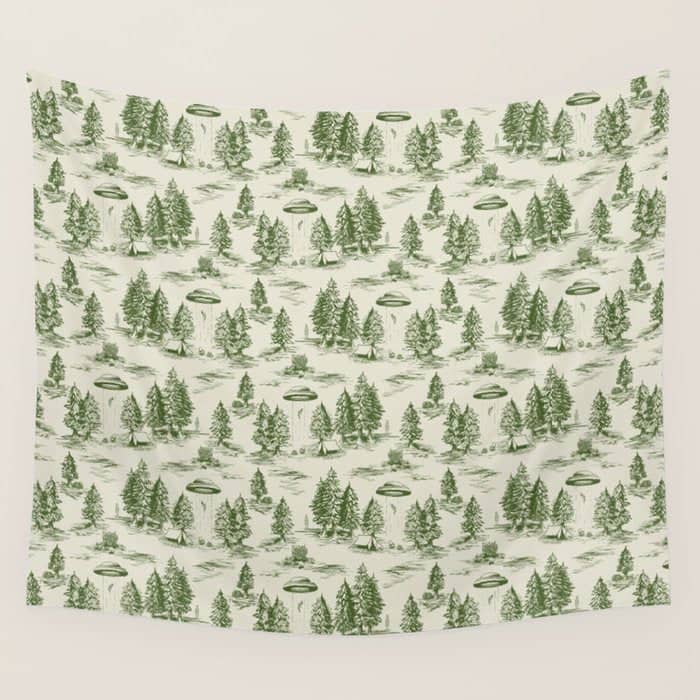 Green Alien Abduction Toile De Jouy Pattern Wall Tapestry
