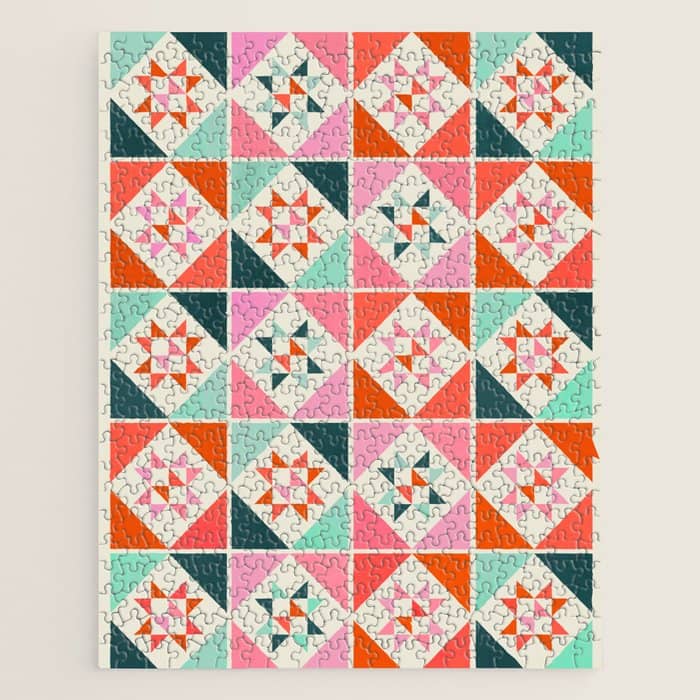 Festive Quilt Pattern In Pink, Red And Green Jigsaw Puzzle