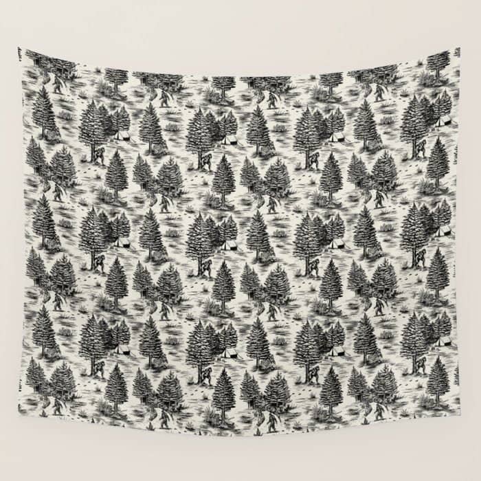Bigfoot / Sasquatch Toile De Jouy In Black Wall Tapestry