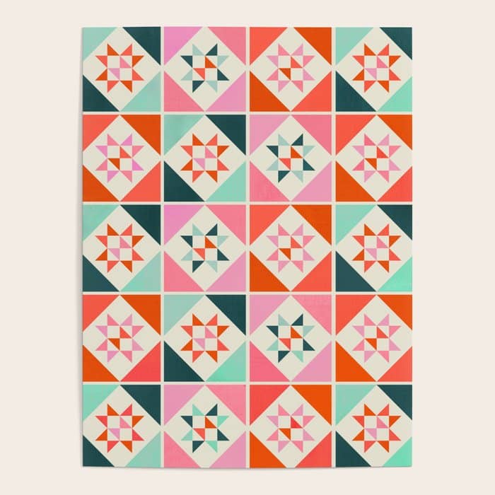 Festive Quilt Pattern In Pink, Red And Green Poster