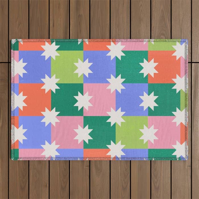 Checkered Holiday Pattern With Stars Outdoor Rug