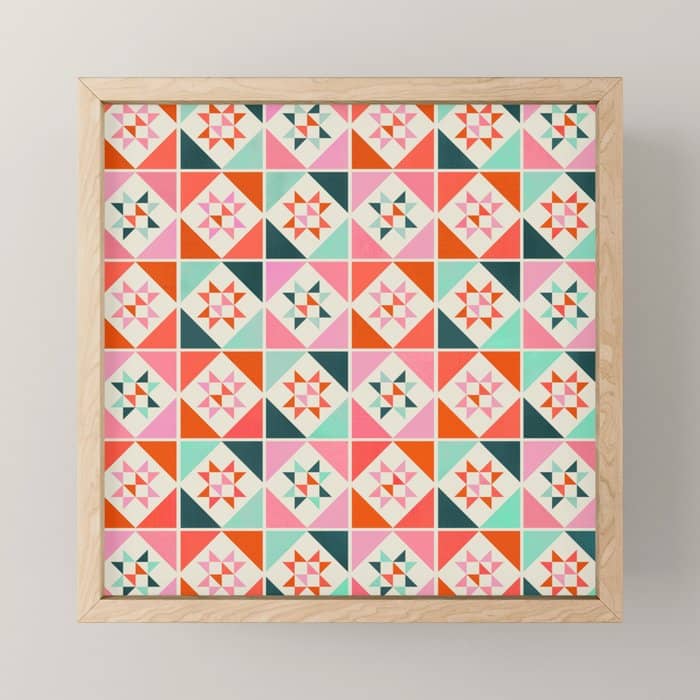 Festive Quilt Pattern In Pink, Red And Green Mini Art Print