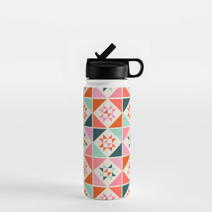 Festive Quilt Pattern In Pink, Red And Green Water Bottle
