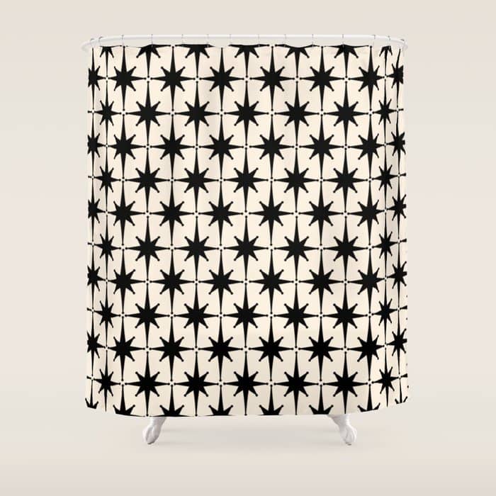 Midcentury Modern Atomic Age Starburst Pattern In Black And Almond Cream Shower Curtain