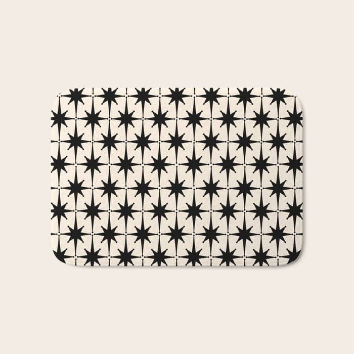 Midcentury Modern Atomic Age Starburst Pattern In Black And Almond Cream Bath Mat