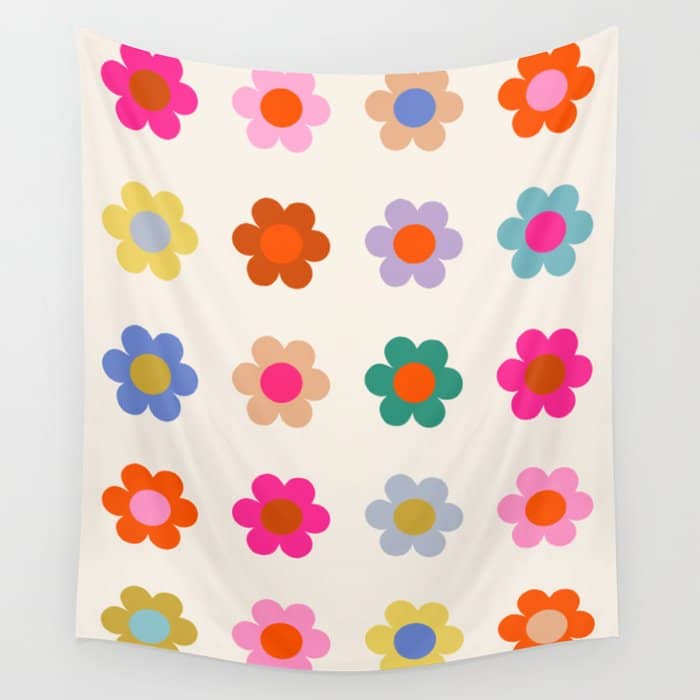 Retro Floral Colorful Print Preppy Aesthetic Decor Abstract Flowers Wall Tapestry