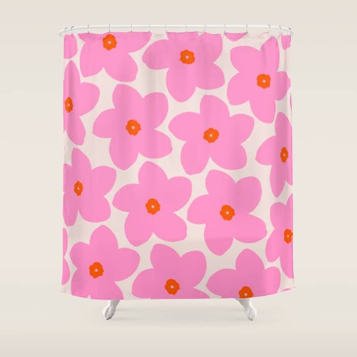 Abstract Retro Flower Pink Orange And Neutral Print Preppy Modern Floral Shower Curtain