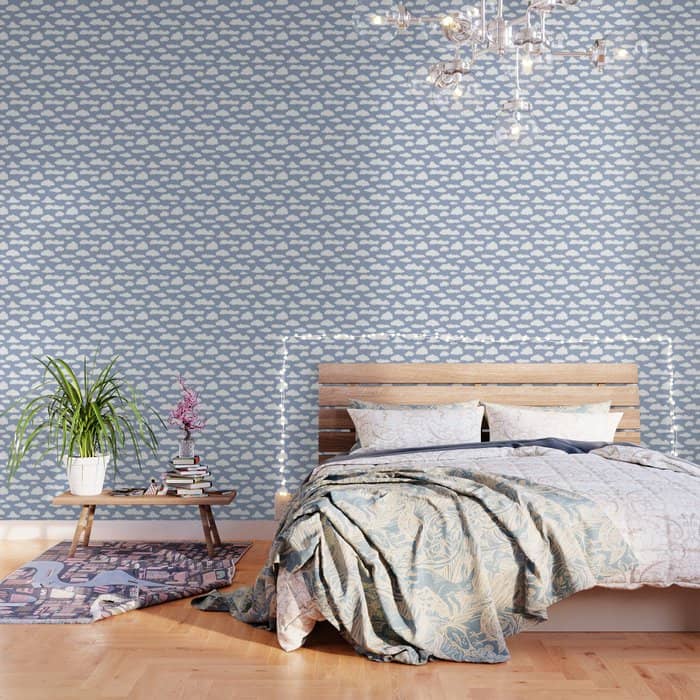 Sunny Summer Sky: White Cartoon Clouds In A Blue Sky Pattern Wallpaper