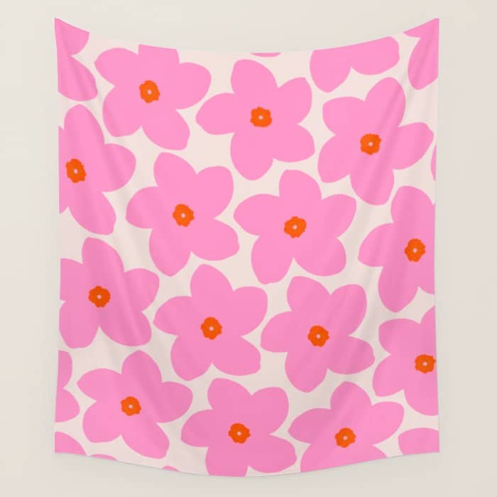 Abstract Retro Flower Pink Orange And Neutral Print Preppy Modern Floral Wall Tapestry