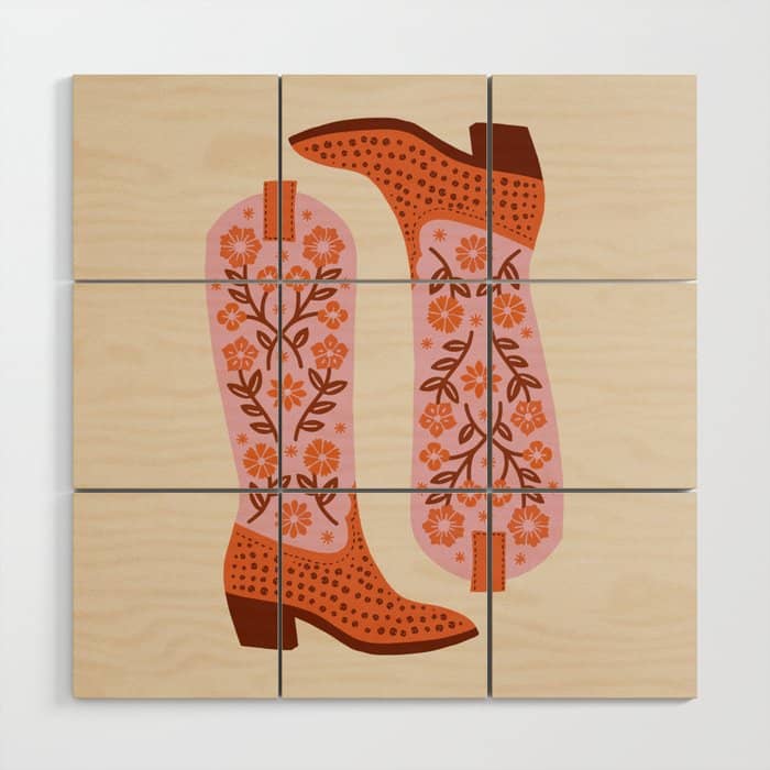 Cowgirl Boots - Pink And Orange Wood Wall Art