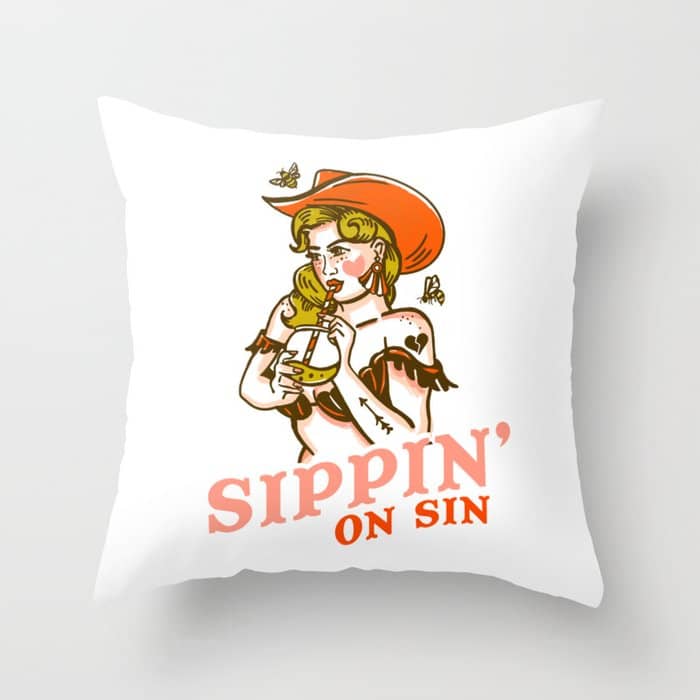 Sippin' On Sin Retro Cowgirl Throw Pillow