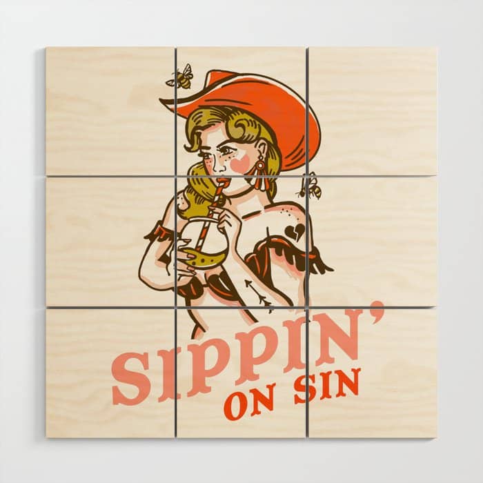 Sippin' On Sin Retro Cowgirl Wood Wall Art
