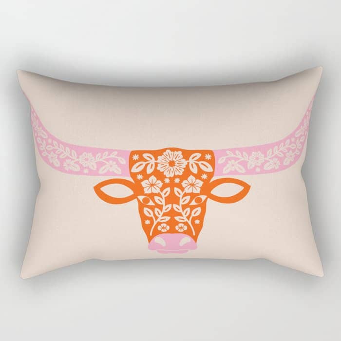 Floral Longhorn - Pink And Orange Rectangular Pillow