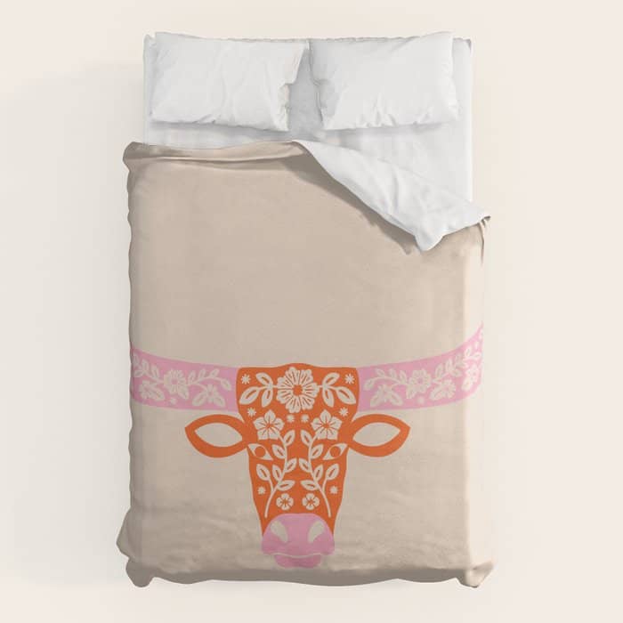 Floral Longhorn - Pink And Orange Duvet Cover
